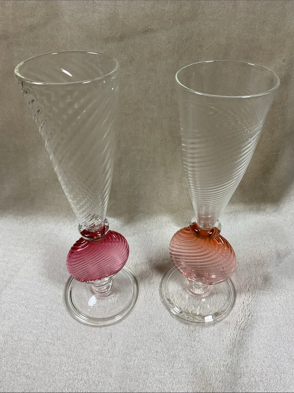 Handblown Glass Champagne Flutes with Pink and Coral Orb Stem